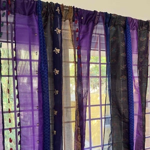 Purple Saree Curtains Upcycled Handmade Saree Curtains with Saree strips Window and door Sheer Hippie Curtain Bohemian Saree home decor