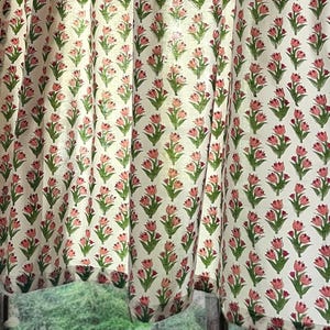 Handmade Cotton Block Print Valance Small Pink Tulips on White Elegant Window Treatment Classic Home Decor Accent for Living Room & Bedroom