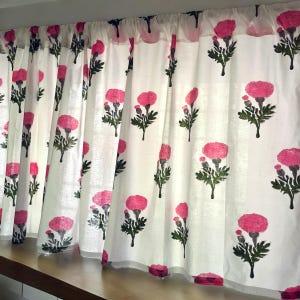 Handmade Cotton Block Print Valance Pink Marigold Flower on White Elegant Window Treatment Classic Home Decor Accent for Living Room Bedroom