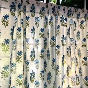 Handmade Cotton Block Print Blue Green Lilies and Wildflowers Elegant Window Treatment for Bedroom & Living room Classic Home Decor Accent