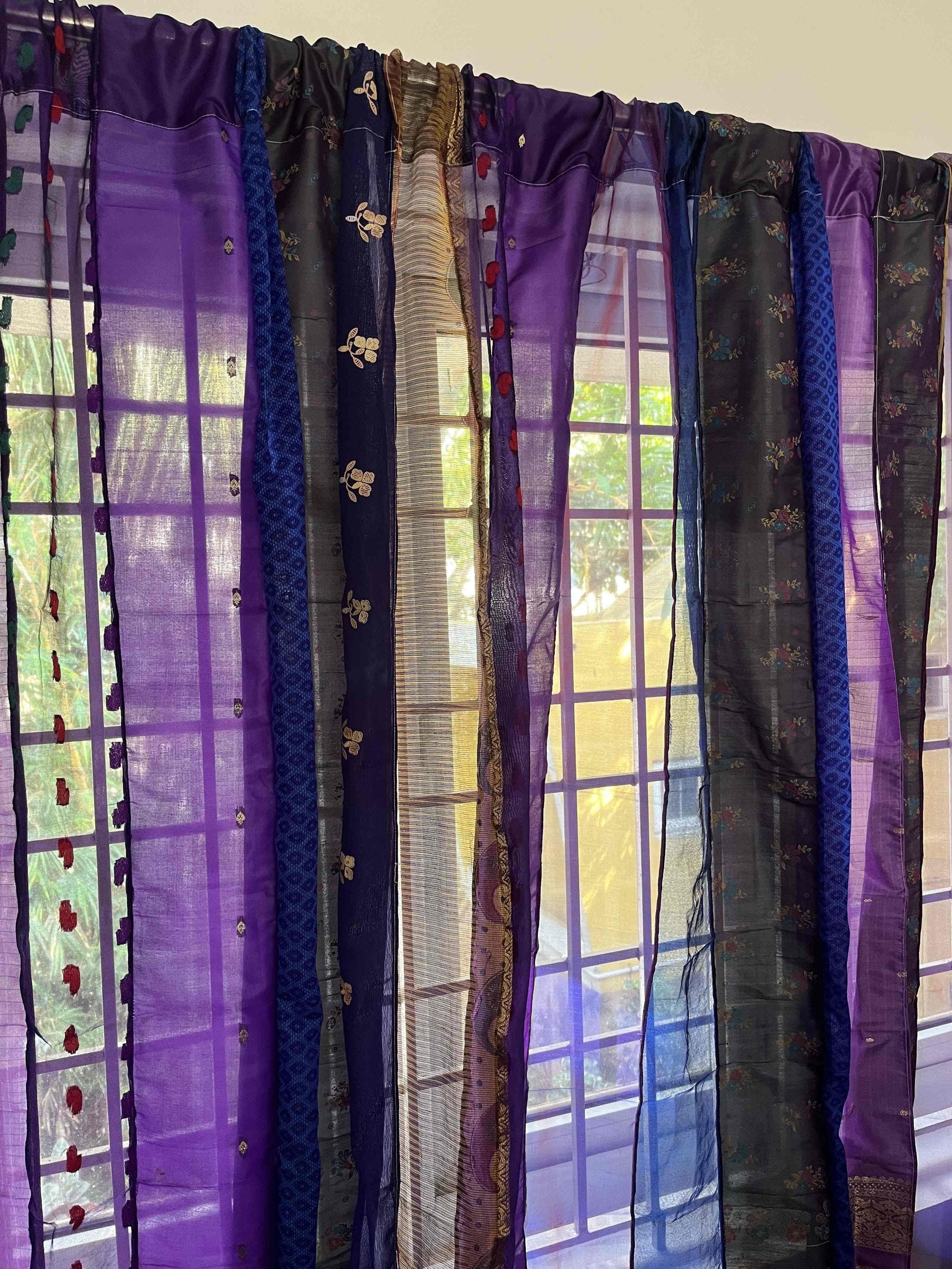 Purple Saree Curtains Upcycled Handmade Saree Curtains with Saree strips Window and door Sheer Hippie Curtain Bohemian Saree home decor