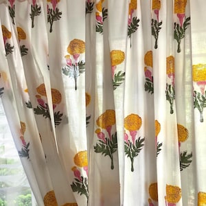 Handmade Cotton Block Print Curtain White with Yellow Marigold Elegant Window Treatment Classic Home Decor Accent for Living Room & Bed Room