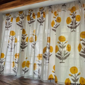 Handmade Cotton Block Print Valance Yellow Himalayan Poppy Flower Elegant Window Treatment Classic Home Decor Accent for Living Room Bedroom