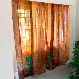 Orange Saree Curtains Upcycled Handmade Saree Curtains with Saree strips Window and door Sheer Hippie Curtain Bohemian Saree home decor
