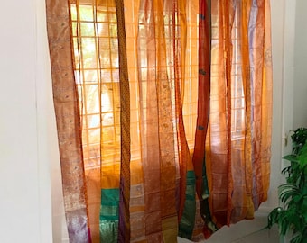 Orange Saree Curtains Upcycled Handmade Saree Curtains with Saree strips Window and door Sheer Hippie Curtain Bohemian Saree home decor
