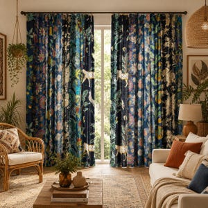 May include: A pair of patterned curtains with a jungle theme. The curtains feature a dark blue background with colorful floral and animal prints, including leopards. The curtains are hanging in front of a window, and the room is decorated with natural elements.