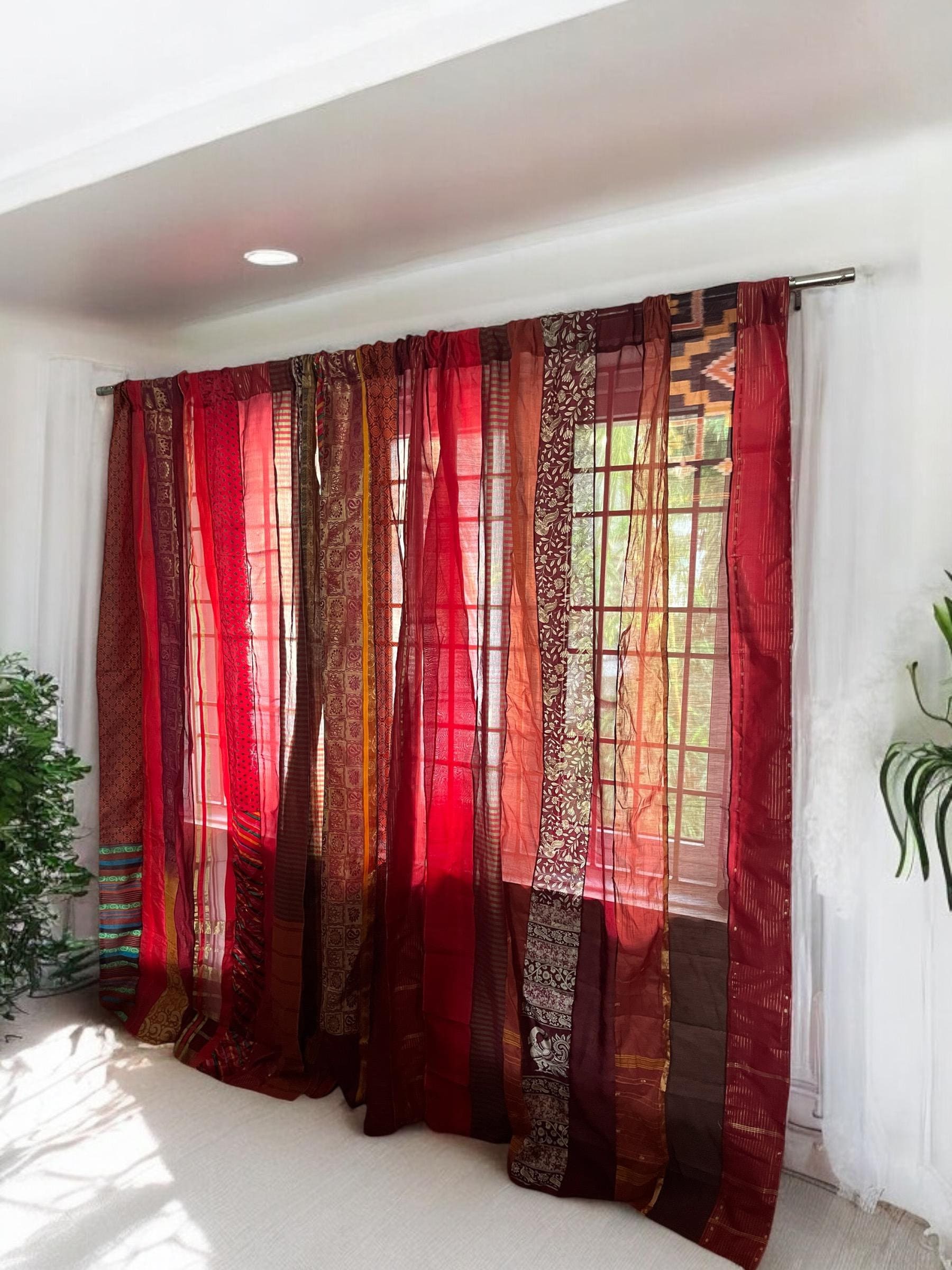 Red Boho Saree Curtains Upcycled Handmade Saree Curtains with Saree strips Window and door Sheer Hippie Curtain Bohemian Saree home decor