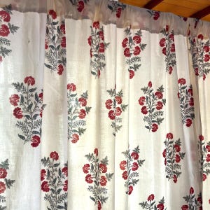 Handmade Cotton Block Print Red Wild Roses On Cream Elegant Window Treatment for Bedroom & Living room Classic Home Decor Accent with Flower