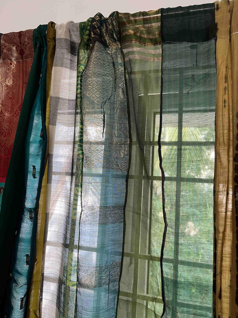 Diffused Check Textiles Green Boho Saree Curtains Upcycled Handmade Saree Curtains With Saree ...