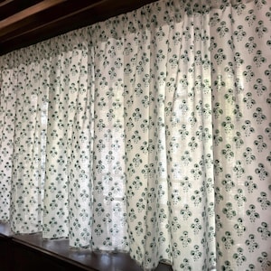 Handmade Cotton Block Print Green Chrysanthemum on White Elegant Window Valances for Bedroom Living room Classic Home Decor Accent Curtain
