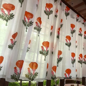 Handmade Cotton Block Print Valance Orange Marigold Flower on White Elegant Window Treatment Bedroom & Living room Classic Home Decor Accent