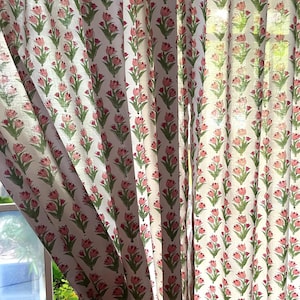 Handmade Cotton Block Print Curtain Pink Dainty Small Tulips Elegant Window Treatment Classic Home Decor Accent for Living Room & Bed Room