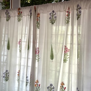 Handmade Cotton Block Print Curtain White Botanicals Flowers Elegant Window Treatment Classic Home Decor Accent for Living Room & Bed Room