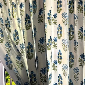 Handmade Cotton Block Print Blue Green Lilies and Wildflowers Elegant Window Treatment for Bedroom & Living room Classic Home Decor Accent
