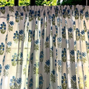 Handmade Cotton Block Print Blue Green Lilies and Wildflowers Elegant Window Treatment for Bedroom & Living room Classic Home Decor Accent