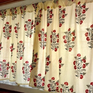 Handmade Cotton Block Print Red Wild Roses On Cream Elegant Window Treatment for Bedroom & Living room Classic Home Decor Accent with Flower