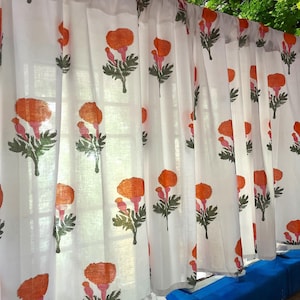 Handmade Cotton Block Print Valance Orange Marigold Flower on White Elegant Window Treatment Bedroom & Living room Classic Home Decor Accent