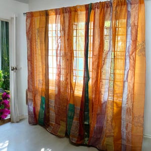 Orange Saree Curtains Upcycled Handmade Saree Curtains with Saree strips Window and door Sheer Hippie Curtain Bohemian Saree home decor