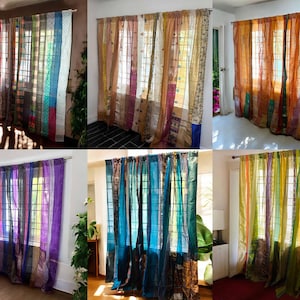 Rideaux saree bohème recyclé fait main avec lanières de saree Rideau transparent hippie pour fenêtre et porte, rideau Boho sari pour décoration d&#39;intérieur