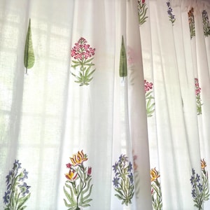 Handmade Cotton Block Print Curtain White Botanicals Flowers Elegant Window Treatment Classic Home Decor Accent for Living Room & Bed Room