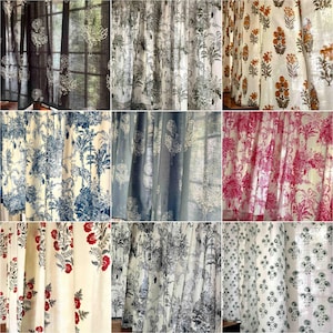 Könnte beinhalten: Eine Collage aus neun verschiedenen gemusterten Vorhängen mit verschiedenen floralen und geometrischen Mustern. Die Vorhänge sind aus einem leichten Stoff gefertigt und eignen sich perfekt, um jedem Raum einen Hauch von Stil zu verleihen.