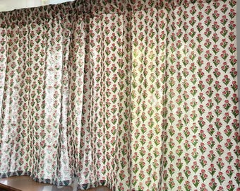 Handmade Cotton Block Print Valance Small Pink Tulips on White Elegant Window Treatment Classic Home Decor Accent for Living Room & Bedroom