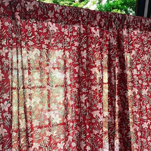 Handmade Cotton Block Print Curtains Pink Oleander Flowers on Red Elegant Window Treatment for Bedroom Living room Classic Home Decor Accent