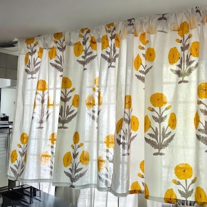 Handmade Cotton Block Print Valance Yellow Himalayan Poppy Flower Elegant Window Treatment Classic Home Decor Accent for Living Room Bedroom