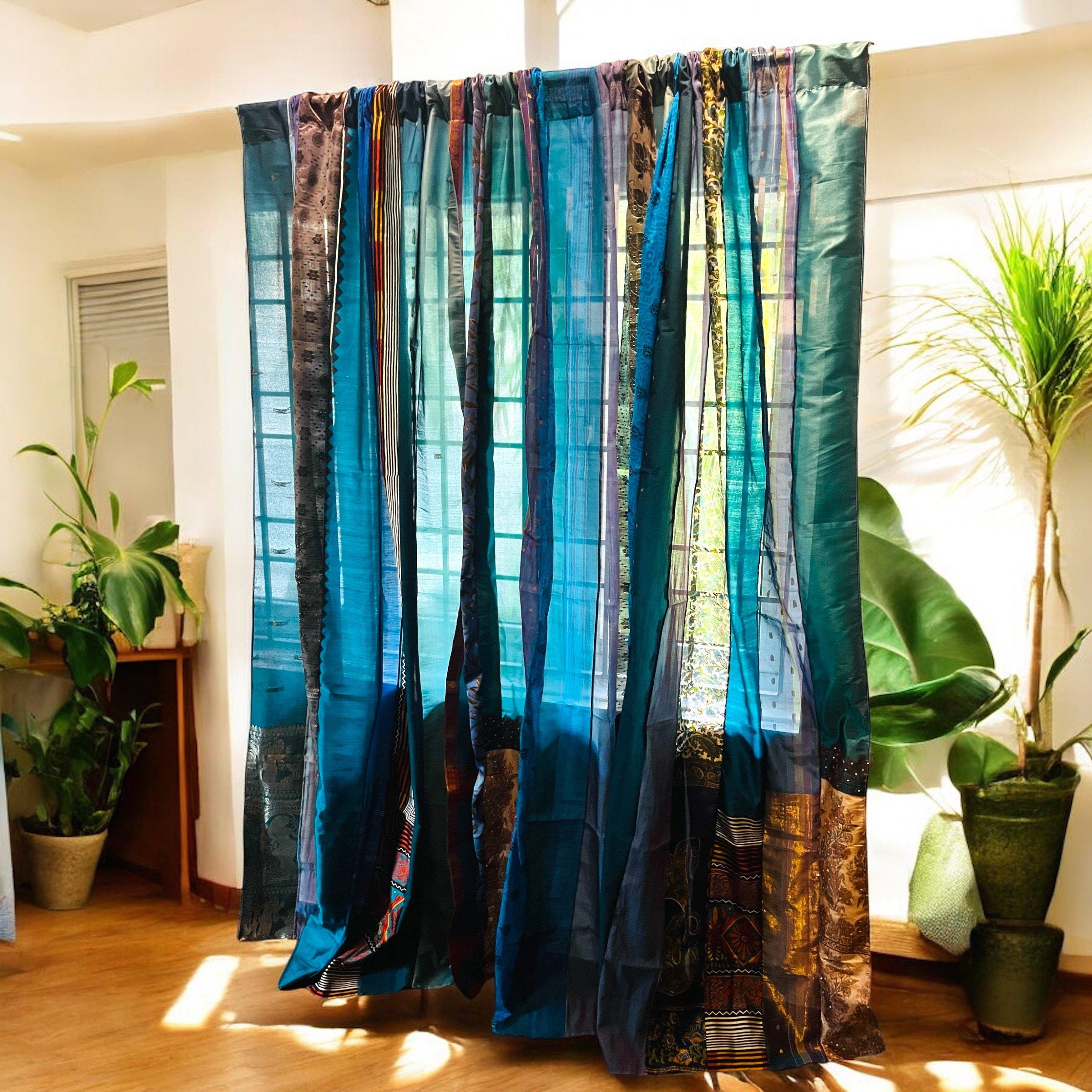 Blue Boho Saree Curtains Upcycled Handmade Saree Curtains with Saree strips Window and door Sheer Hippie Curtain Bohemian Saree home decor