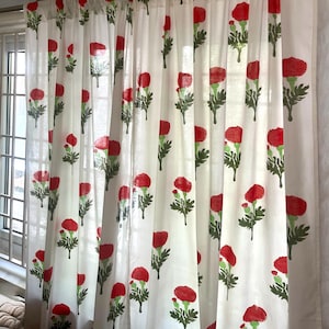 Handmade Cotton Block Print Curtain White with Red Marigold Elegant Window Treatment Classic Home Decor Accent for Living Room & Bed Room