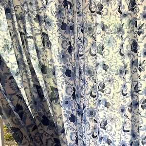 Handmade Cotton Block Print Blue Daisies and Cornflowers Elegant Window Treatment for Bedroom Living room Classic Home Decor Accent Curtains
