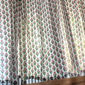 Handmade Cotton Block Print Valance Small Pink Tulips on White Elegant Window Treatment Classic Home Decor Accent for Living Room & Bedroom