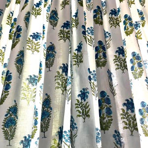 Handmade Cotton Block Print Blue Green Lilies and Wildflowers Elegant Window Treatment for Bedroom & Living room Classic Home Decor Accent