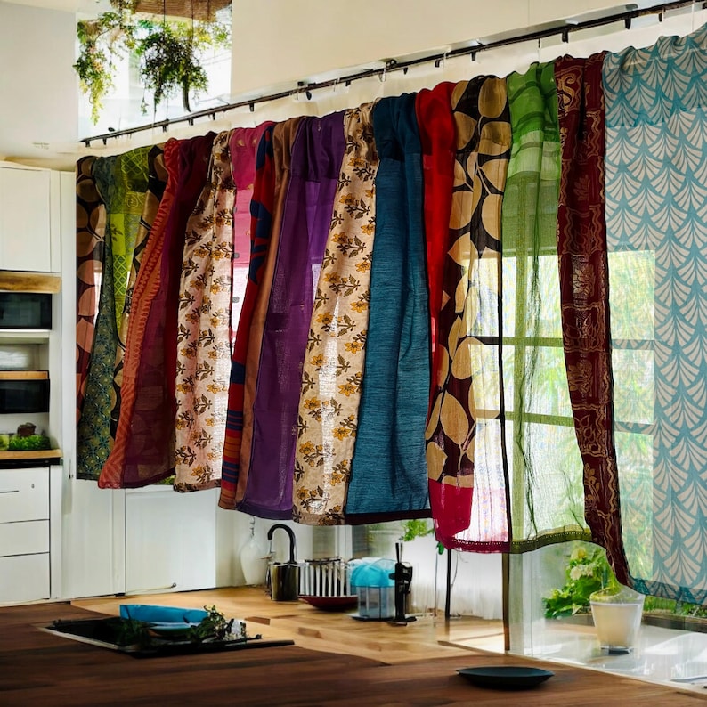May include: A set of colorful curtains made from repurposed fabric. The curtains are hung on a white rod and feature a variety of patterns and colors, including red, green, blue, and purple.