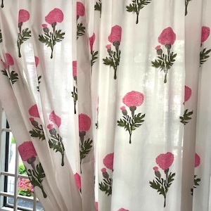 Handmade Cotton Block Print Curtain White with Pink Marigold Elegant Window Treatment Classic Home Decor Accent for Living Room & Bed Room