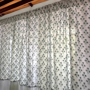 Handmade Cotton Block Print Green Chrysanthemum on White Elegant Window Valances for Bedroom Living room Classic Home Decor Accent Curtain