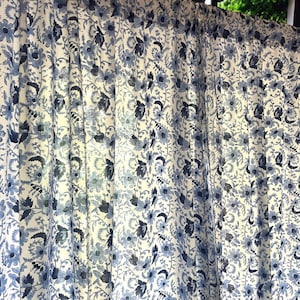 Handmade Cotton Block Print Blue Daisies and Cornflowers Elegant Window Treatment for Bedroom Living room Classic Home Decor Accent Curtains
