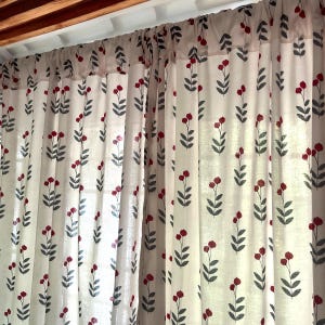 Handmade Cotton Block Print Curtains Red Globe Amaranth Flower Elegant Window Treatment Classic Home Decor Accent for Living Room & Bedroom