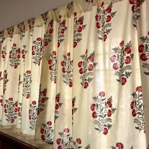 Handmade Cotton Block Print Red Wild Roses On Cream Elegant Window Treatment for Bedroom & Living room Classic Home Decor Accent with Flower