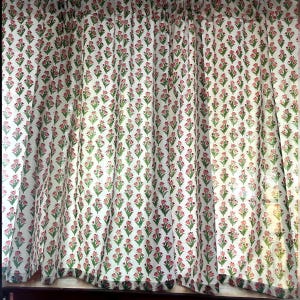 Handmade Cotton Block Print Valance Small Pink Tulips on White Elegant Window Treatment Classic Home Decor Accent for Living Room & Bedroom