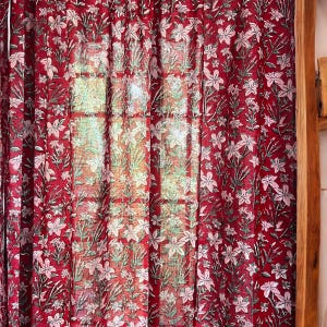 Handmade Cotton Block Print Curtains Pink Oleander Flowers on Red Elegant Window Treatment for Bedroom Living room Classic Home Decor Accent