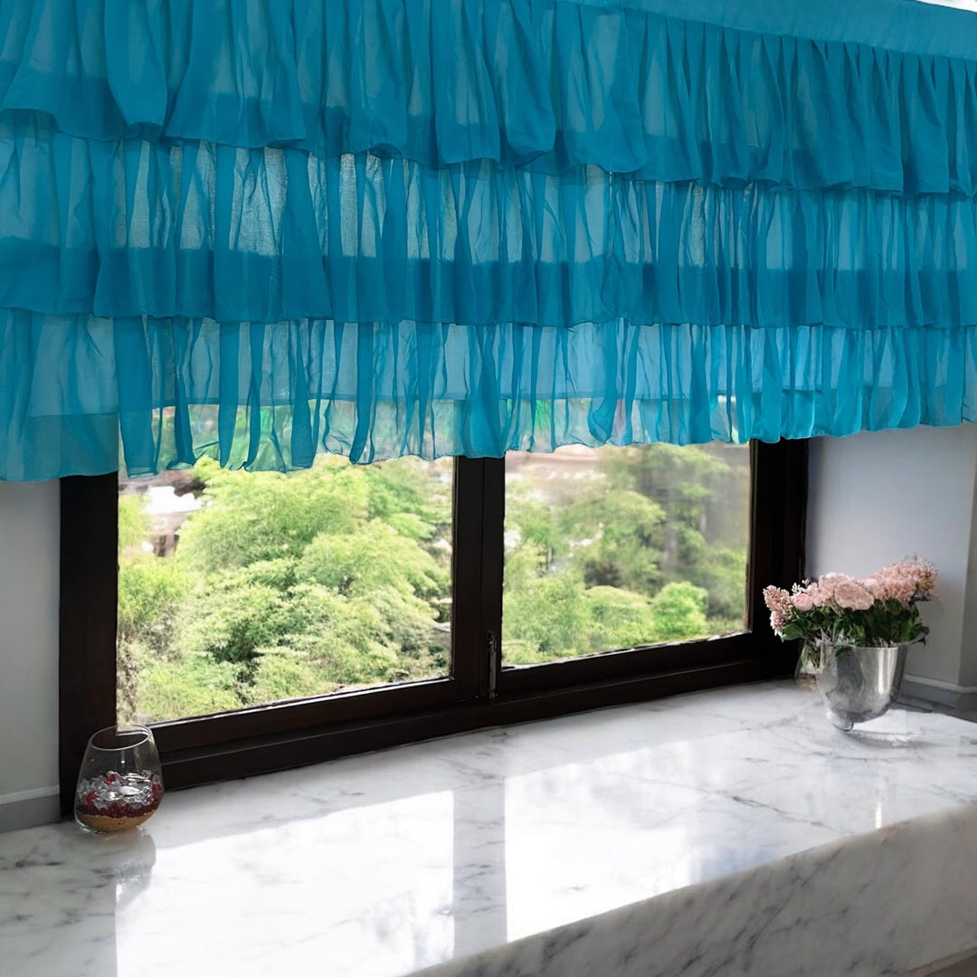Aqua Bloom Semi Sheer Ruffle Curtains Shabby Chic Breezy Window Panels ...