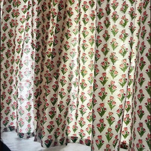 Handmade Cotton Block Print Valance Small Pink Tulips on White Elegant Window Treatment Classic Home Decor Accent for Living Room & Bedroom