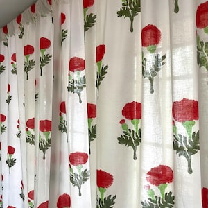 Handmade Cotton Block Print Curtain White with Red Marigold Elegant Window Treatment Classic Home Decor Accent for Living Room & Bed Room