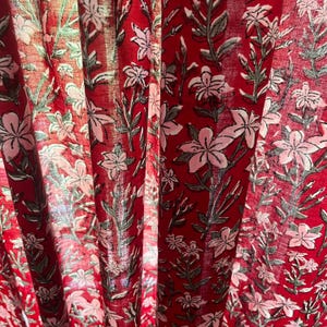 Handmade Cotton Block Print Curtains Pink Oleander Flowers on Red Elegant Window Treatment for Bedroom Living room Classic Home Decor Accent
