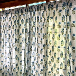Handmade Cotton Block Print Blue Green Lilies and Wildflowers Elegant Window Treatment for Bedroom & Living room Classic Home Decor Accent