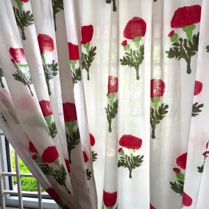 Handmade Cotton Block Print Curtain White with Red Marigold Elegant Window Treatment Classic Home Decor Accent for Living Room & Bed Room