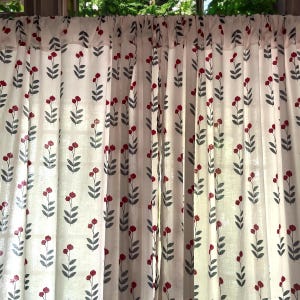 Handmade Cotton Block Print Curtains Red Globe Amaranth Flower Elegant Window Treatment Classic Home Decor Accent for Living Room & Bedroom