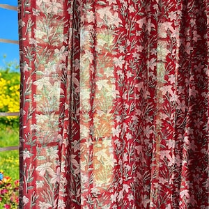 Handmade Cotton Block Print Curtains Pink Oleander Flowers on Red Elegant Window Treatment for Bedroom Living room Classic Home Decor Accent