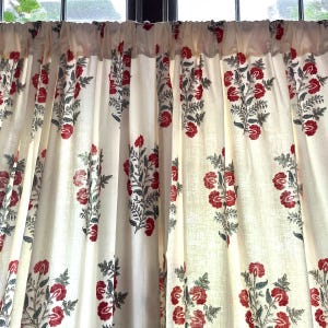Handmade Cotton Block Print Red Wild Roses On Cream Elegant Window Treatment for Bedroom & Living room Classic Home Decor Accent with Flower